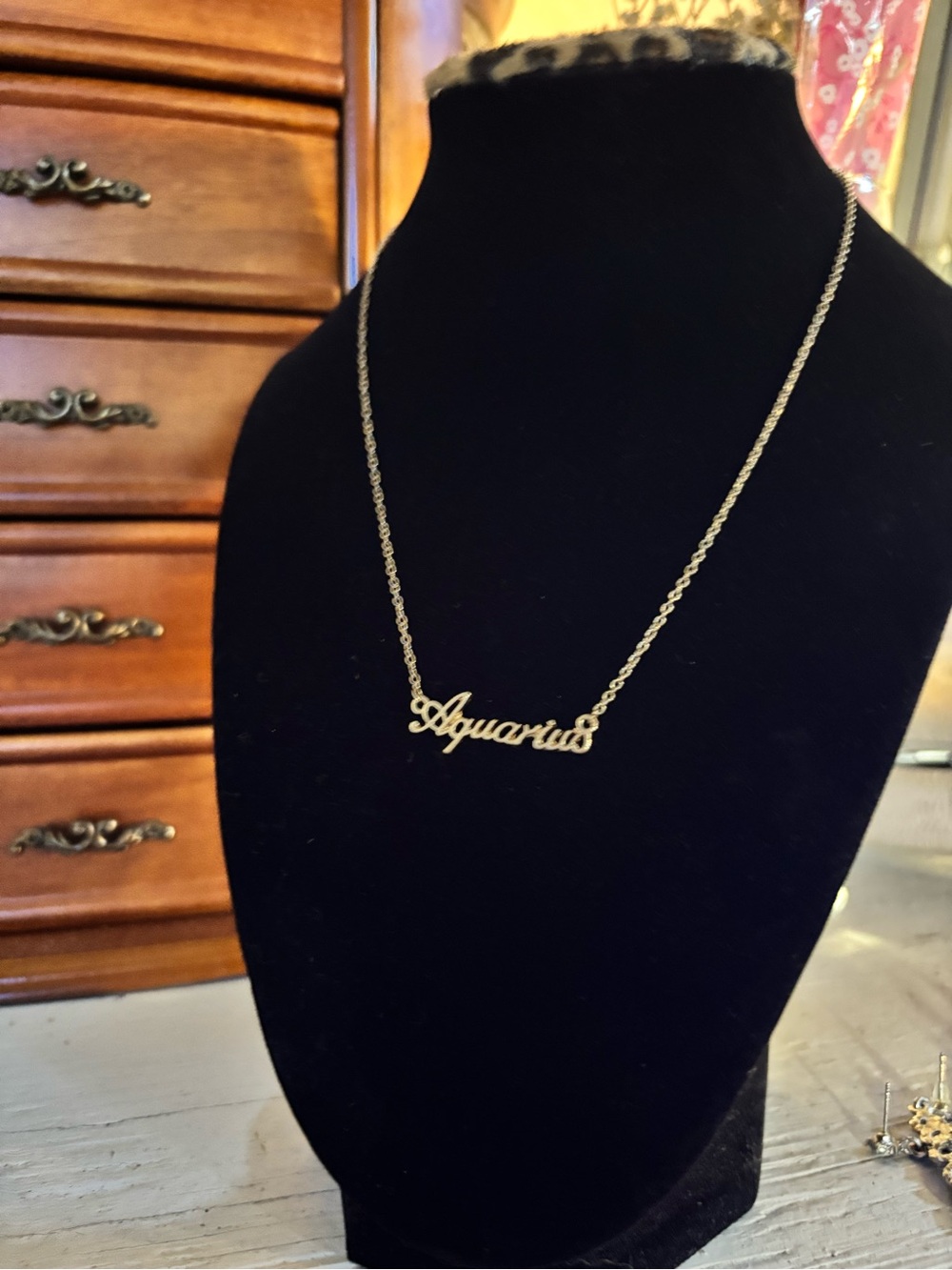 Aquarius Script Pendant Necklace - Gold Tone